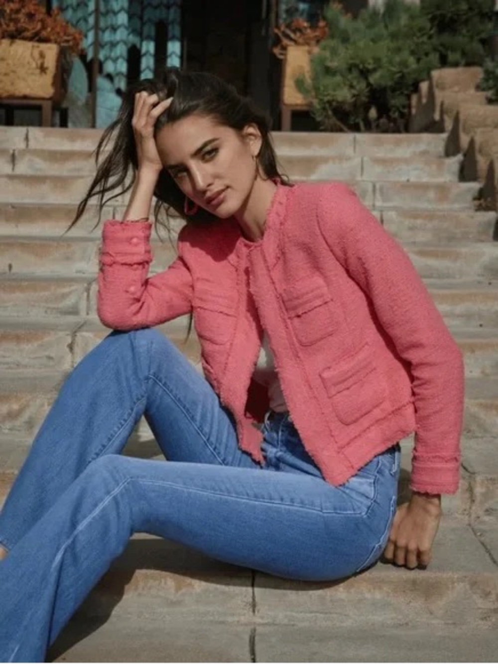 L'AGENCE Hot Pink Frayed Tweed Blazer 10
